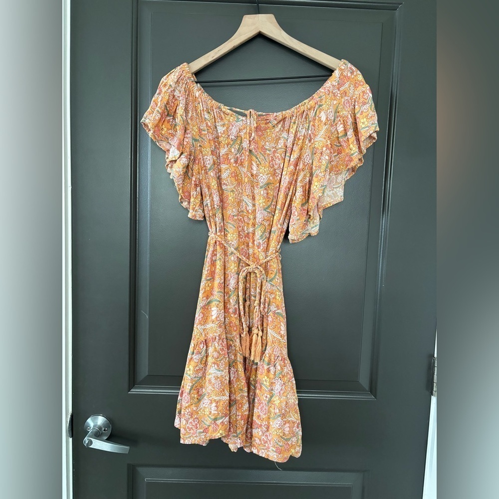 Rachel Zoe Ruffled Bright Orange Floral Drawstring Mini Spring Summer Sun Dress - Picture 3 of 6